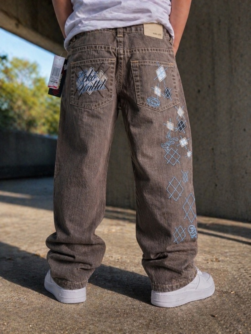 Y2K Ecko Unltd Boys Jeans Size 6 Deadstock Brown Embroidered Logo Streetwear